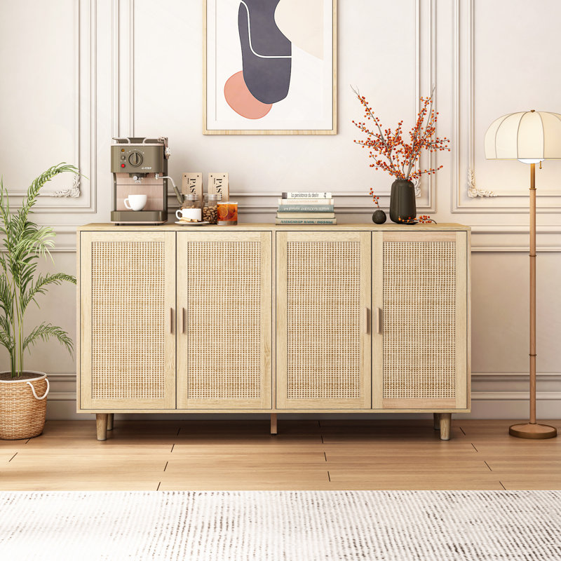 Armoire de rangement élégante et fonctionnelle en rotin à 4 portes, Naturel