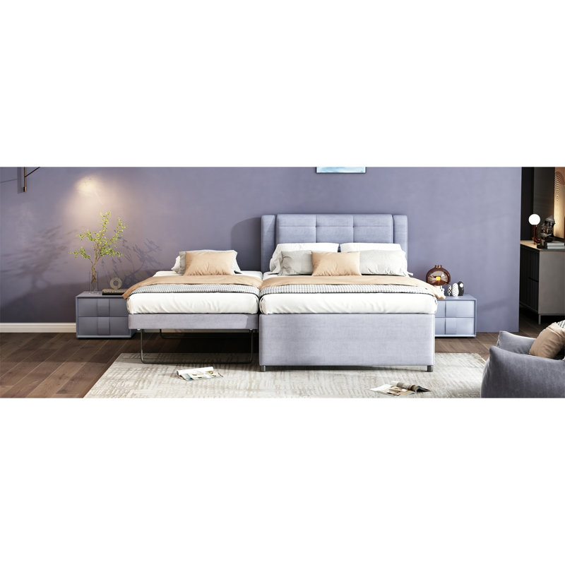 Lit double tapissier avec lit gigogne gris Structure robuste en bois massif. Pas de sommier tapissier. Lin plateforme confort réglable Tête de lit Cozy