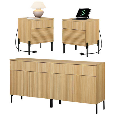 4 Pcs Bedroom Set,Wooden Dresser And Nightstand Sets For Bedroom, Reeded Dresser Set With Doors, Night Stand Of 2 With Charging Station by WAMPAT