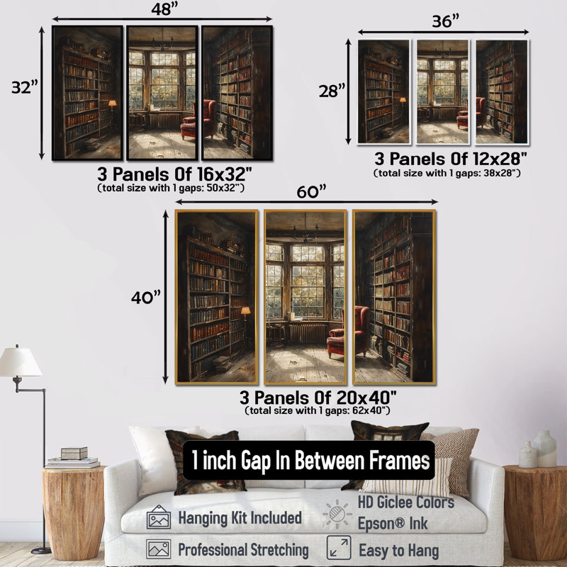 Brun brun beige, bibliothèque rétro, livres, ensemble d'art mural, Toile avec cadre flottant noir, H 32 po x l 48 po x P 1 po