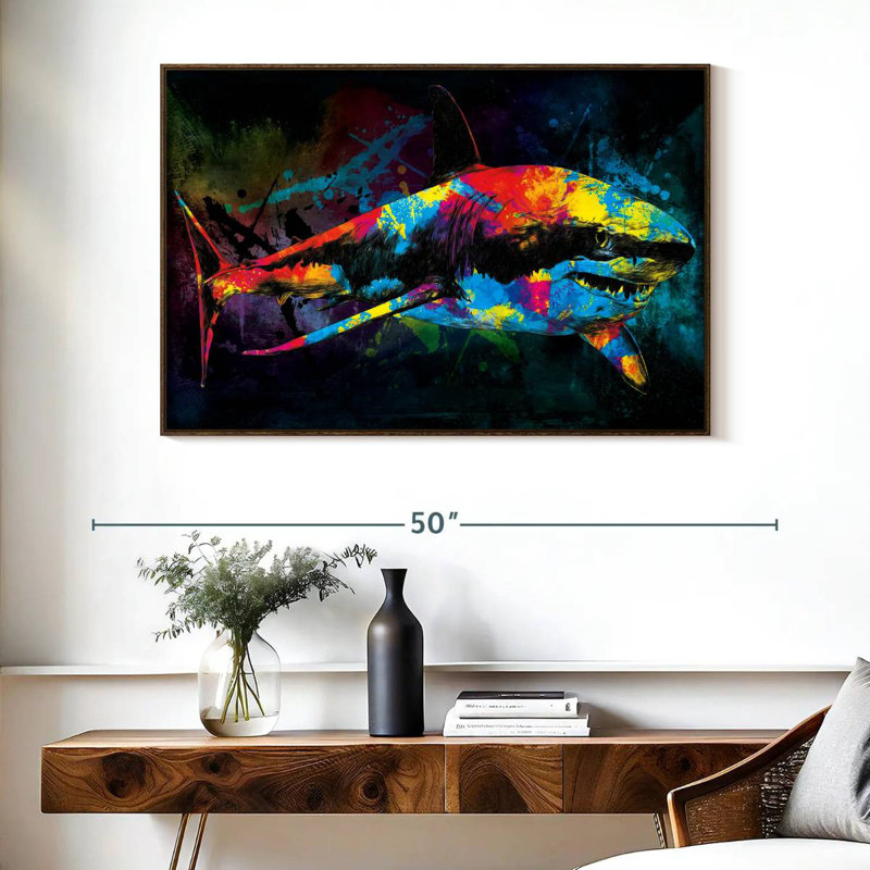Great White Shark Color Grunge, Floating Frame Walnut, 40" X 27"