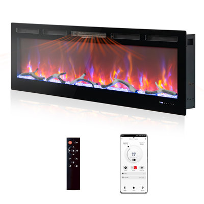 Foyer électrique intelligent 72 po, fixé au mur et encastré avec WiFi et télécommande, flammes multicolores réglables, minuterie, écran tactile, chauffage efficace de 1 500 W