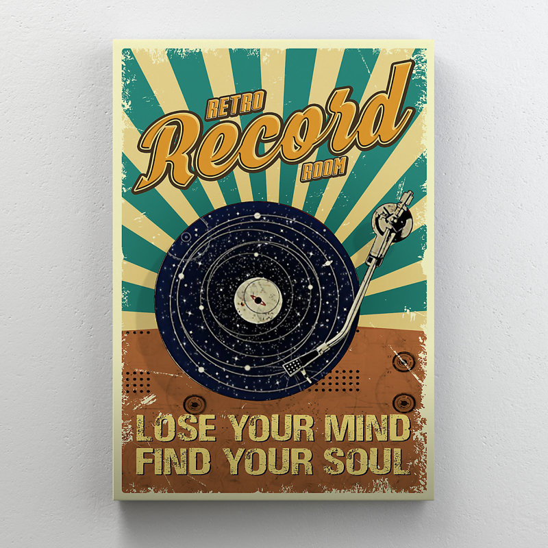 Retro Record Room - Lose Your Mind, Find Your Soul Gallery Wrapped Canvas - Music Illustration Decor, Brown, Black And Blue Music Room Decor