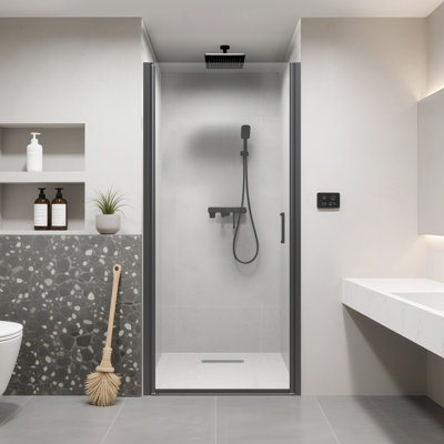 34 po L 72 po H Porte de douche pivotante semi-sans cadre H, porte en verre trempé transparent de 1/4 po (6 mm) d'épaisseur, porte de douche pivotante pivotante pour la salle de bain, panneau de verre simple, noir mat, installation réversible