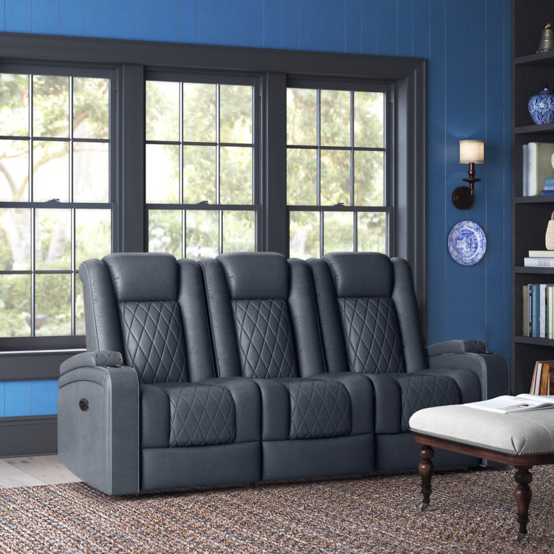 LurLine 82'' Faux Leather Reclining Sofa, Navy Blue Faux Leather