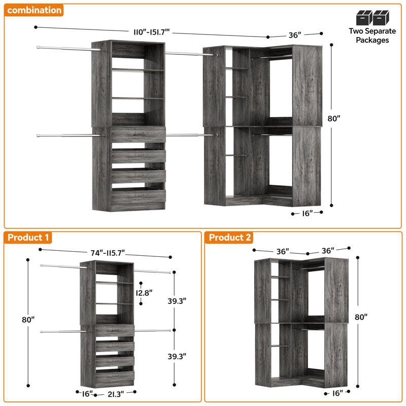 110-151.7Inches Closet System With 6 Rods And 4 Drawers, Gray