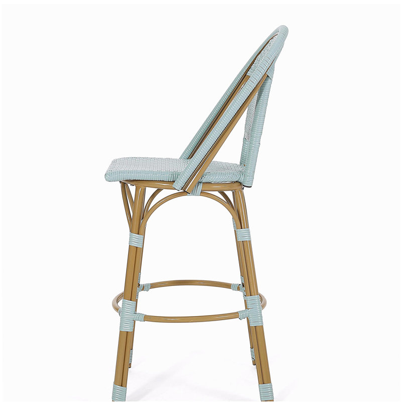 Ensemble de 2 tabourets de bar 29,5 po d'extérieur en rotin PE et aluminium français, fini sarcelle clair et bambou