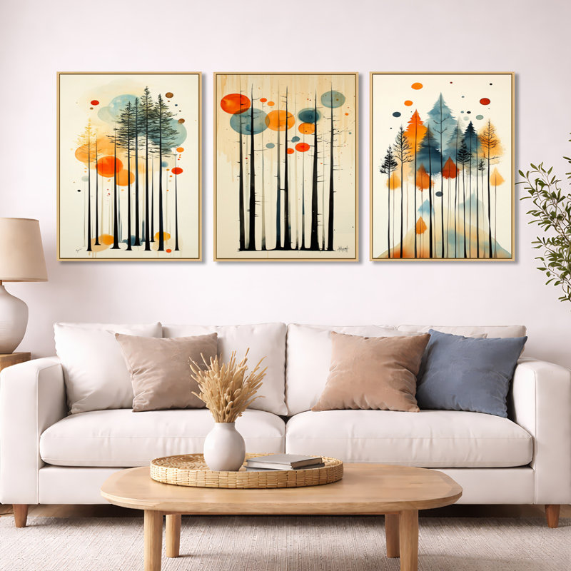 «Summer Valley Pine Forest Silhouettes - Orange Pine Trees», reproduction sur toile encadrée 3 pièces, 32" H x 72" W