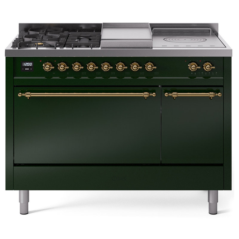 Cuisinière à double combustible ILVE Nostalgie II Series 48 po avec 5 brûleurs scellés, plaque de cuisson et table française (propane liquide, porte pleine)
