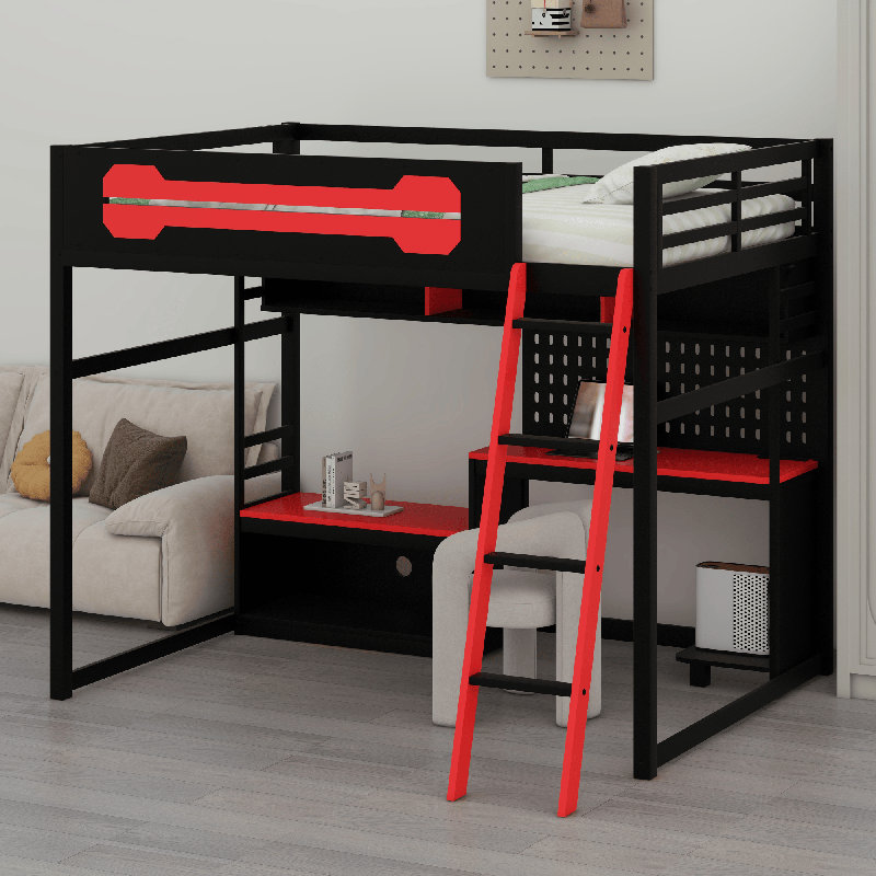 Lit mezzanine en bois avec bureau, Noir / Rouge