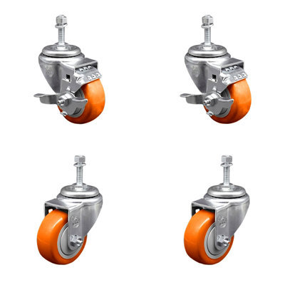 3.5 Inch_Polyurethane Swivel 10mm Threaded Stem Caster Set 2 Brakes SCC