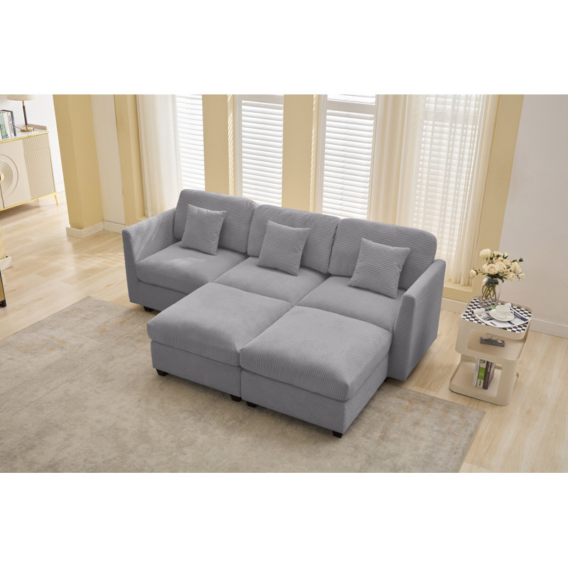 5-piece Modular Sectional Sofa With 2 Ottomans, Light Gray Corduroy