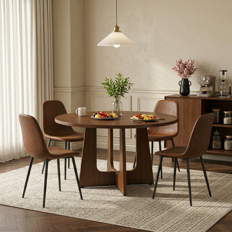 Modern Upholstered Dining Chairs with Metal Legs (Set of 4 ), Brown Suede, Black, 4