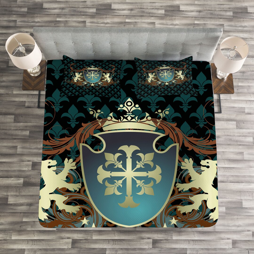 Gestepptes Bettdecken-Set, Mittelalter Wappen, Mittelalterlich, Teal Schwarz Zimt