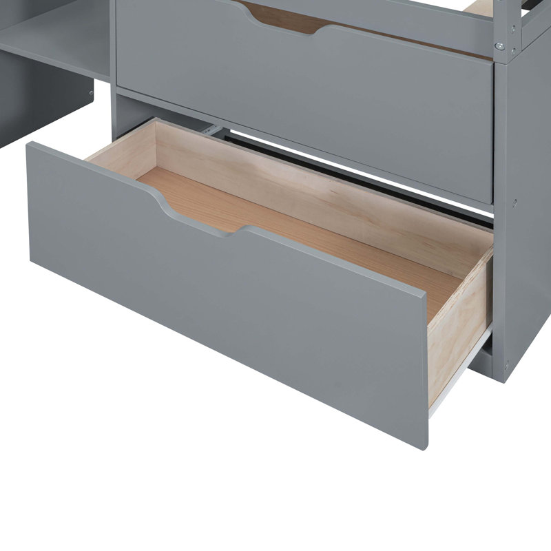 Twin Size Low Loft Bed with Rolling Desk, Shelf and Drawers - Grey