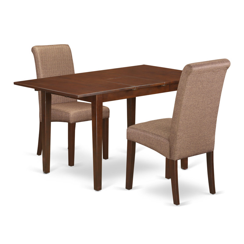 3 Piece Dining Table Set Contains a Rectangle Dinner Table with Butterfly Leaf and 2 Brown Linen Fabric Upholstered Chairs, Mahogany