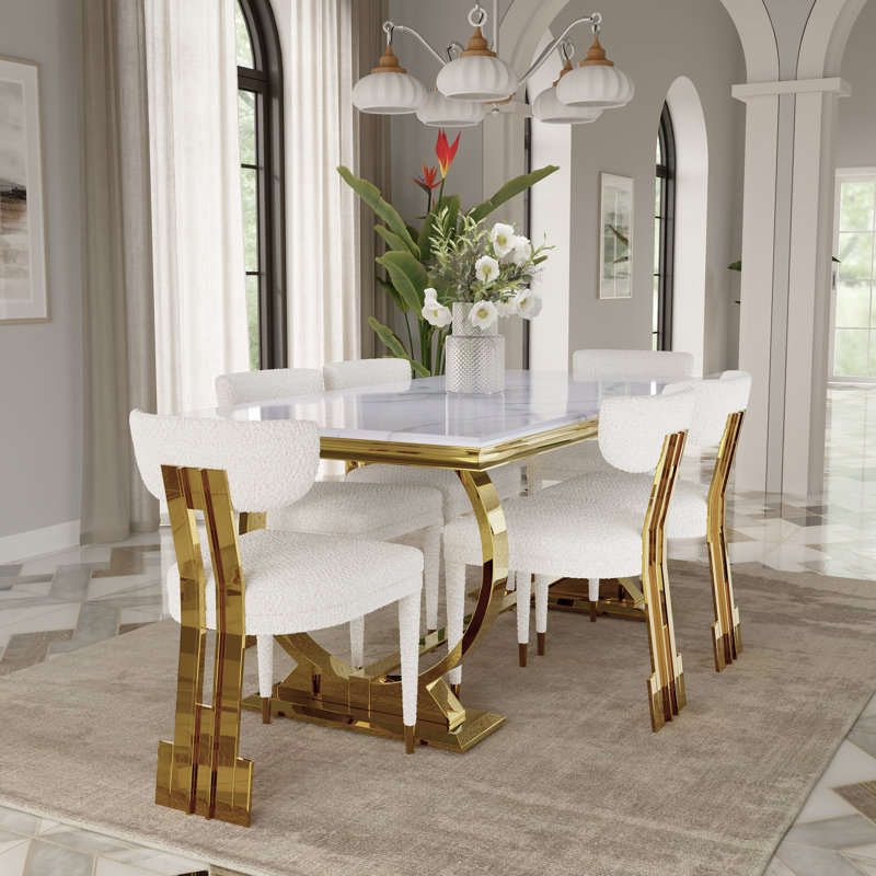 Ensemble de table de salle à manger moderne 7 pièces avec 6 chaises, Blanc / or