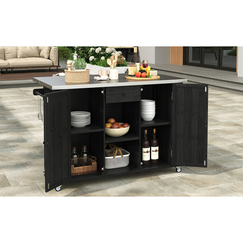 Outdoor Kitchen Island Fir Wood Kitchen Island With Stainless Steel Top, Ample Storage Space, Towel And Spice Racks And A Bottle Opener For Outdoor, Black