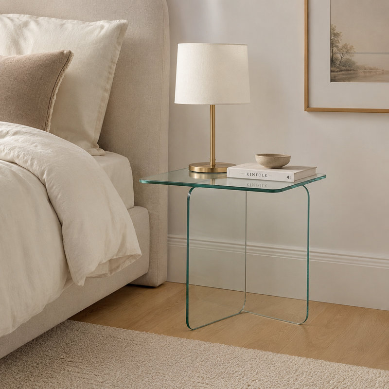 Table d'appoint moderne carrée en verre trempé, table de bout minimaliste avec base en verre croisé, Transparent