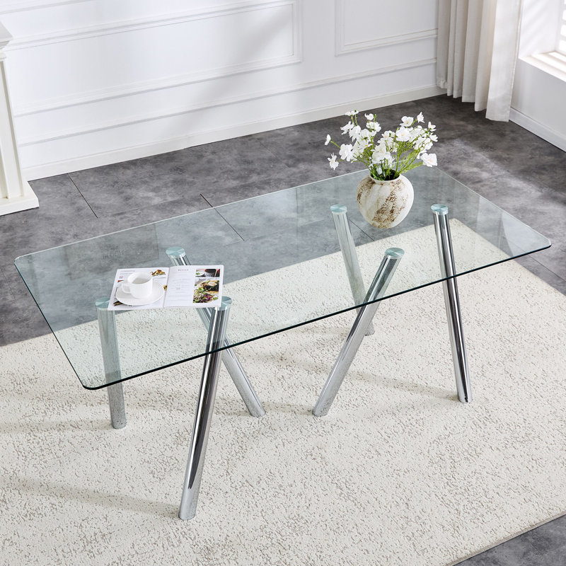 Table de salle à manger en verre trempé avec pieds robustes en métal, Argent argent