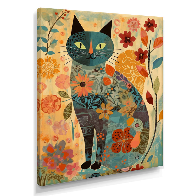 Boho Cat Flower Collage - Art mural chat, H 20 po x l 12 po x P 1 po, Toile tendue