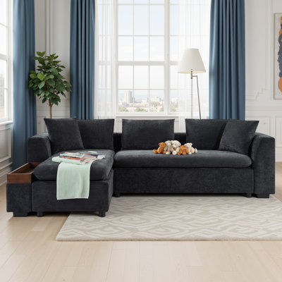 L-Shaped Sectional Sofa Chenille Upholstered Couch with Wooden Storage Compartment & Throw Pillows by Ebern Designs