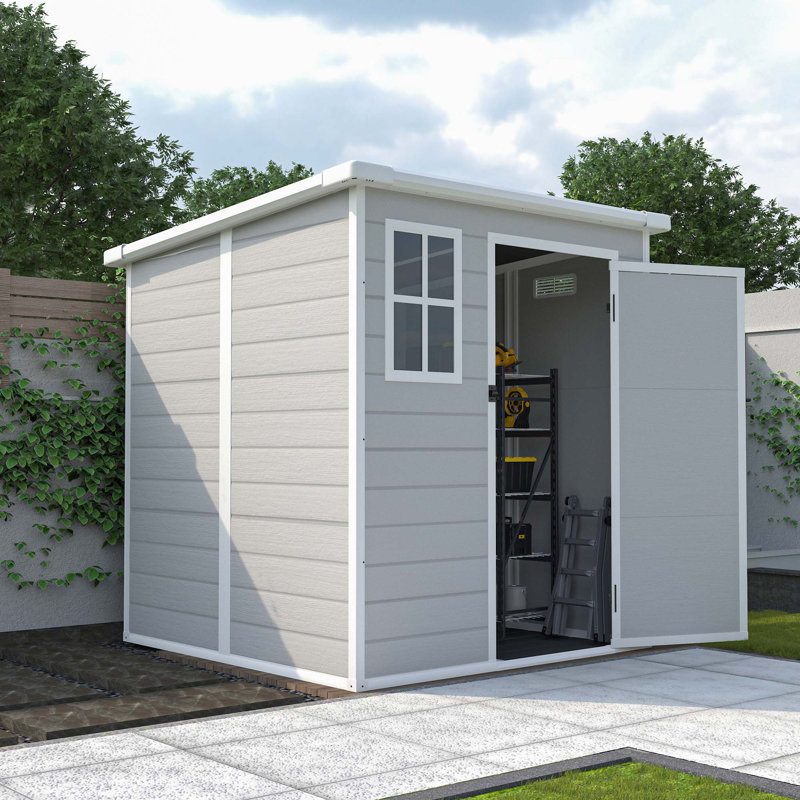 Remise de rangement 6 x 6 pi, remise extérieure en résine imperméable avec plancher et fenêtre et portes et évents verrouillables, remise à outils pour vélo, jardin, cour arrière, pelouse, utilisation toutes saisons