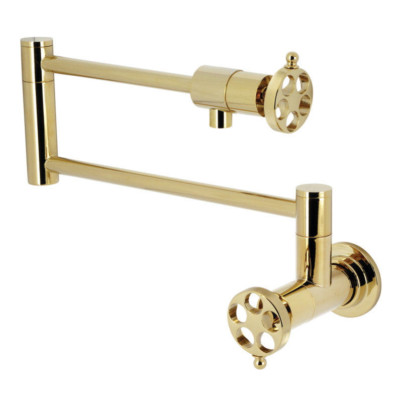 Kingston Brass Wendell Two-Handle 1-Hole Wall Mount Pot Filler Faucet with Knurled Handle, Polished Brass