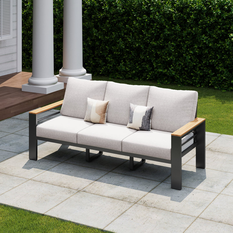75" Modern Outdoor 3-Person Aluminum Sofa, Beige