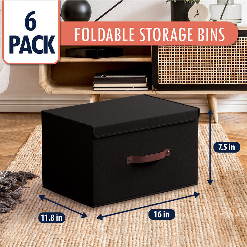 6 Pack Rectangle Storage Shelf Basket Bin with Lid and Leather Handles, 7.5" H x 11.8" W x 16.5" D, Black