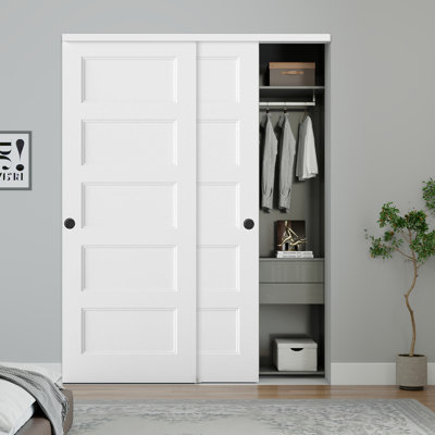 60"X80" Flat 5-Panel Smooth White Primed Molded Sliding Closet Doors With Installation Hardware Kit and Matte Black Finger Pull