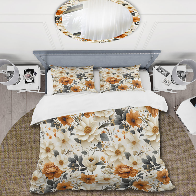 Literie, Housse de couette très grand et 2 très grandes t, Beige / jaune rétro Bouquets de grâce