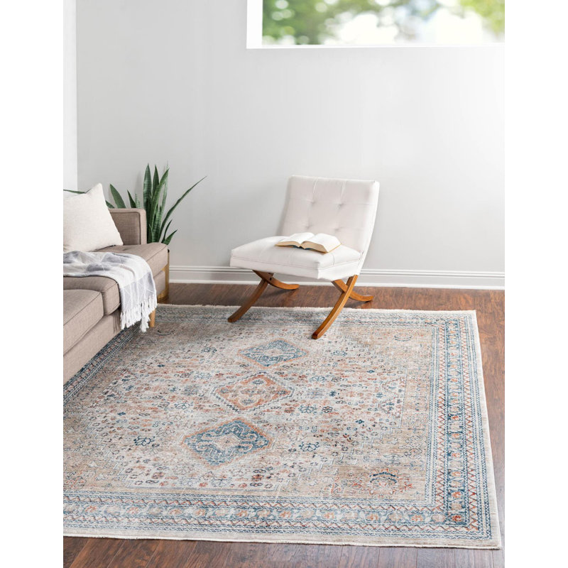 Tapis beige / bleu / gris Kaleigh, Carré 8 pi
