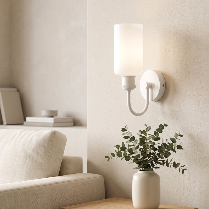 White Cylindrical Glass Wall Sconce with U-Shaped Arm