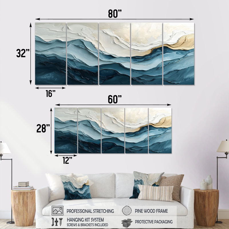 «White and Blue Marble Wave II - Coastal Waves», ensemble de reproduction d'art mural, H 32 po x l 80 po