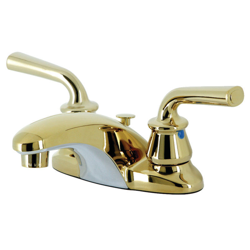 Kingston Brass Restoration Two-Handle 3-Hole Deck Mount 4" Centerset Bathroom Faucet with Brass Pop-Up, Polished Brass