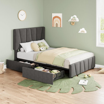 Structure de lit simple avec tête de lit ajustable et 2 tiroirs, structure de lit plateforme tapissier, aucun sommier tapissier requis