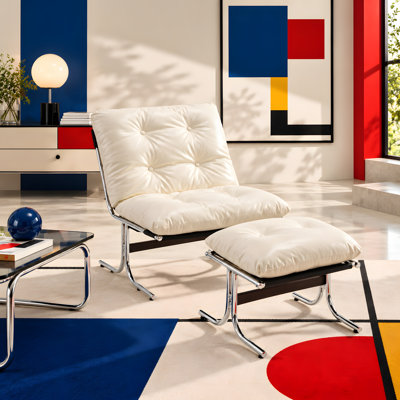 Mid-Century Modern Bauhaus Inspired Leather Lounge Chair With Ottoman Chrome Legs