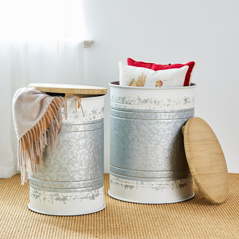 Rustic Galvanized Metal and Wood Round Storage Tables