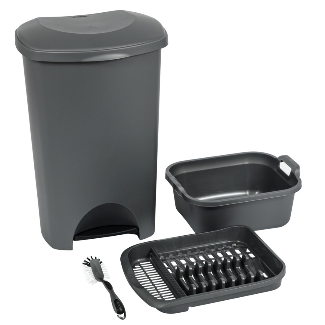 Addis 4 Piece Plastic Recycling Trash Waste Bin Set In Black ; 50 Litre Pedal Bin, Twin Handle Bowl, Plate Drying Rack, Ultra Jumbo Grip Drish Brush.