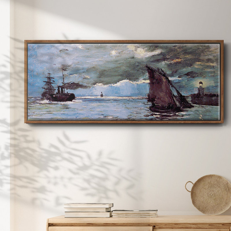 Paysage marin encadré sur toile par Claude Monet, Toile avec cadre noyer, H 24 po x l 60 po x P 1,5 po