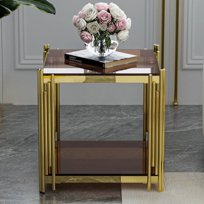 Trennedy 19.7" Wide 2-Tier Square Glass Top End Table with Storage Couch Side Table for Bedroom Living Room