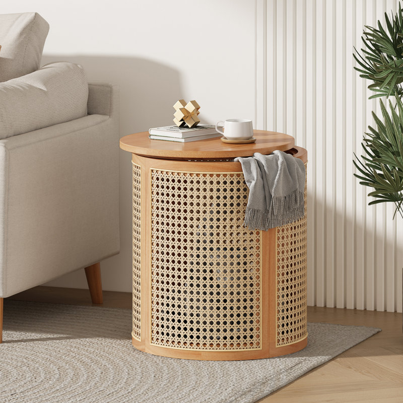 17.8"H Rubber Solid Wood Frame Rattan Grid Design Side Table, With Removable Rubber Solid Wood Panel Top End Table , Rustic Greenery Stand