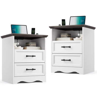 Table de chevet, ensemble de 2 avec station de charge, table de bout de ferme 23,6 po avec 2 tiroirs et base unique, pour le salon de la chambre à coucher, blanc