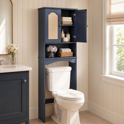 71" Tall Boho Rattan Over-The-Toilet Storage Cabinet, Freestanding Bathroom Space Saver with Soft-Close Doors, Grayish Blue