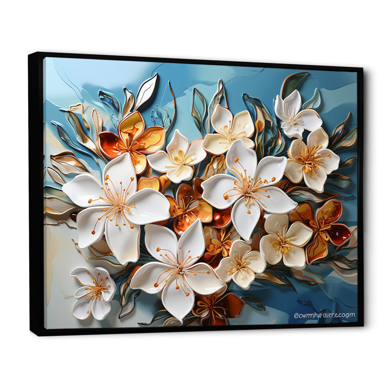 «White Plumeria», art liquide sur fond de fleurs sur toile, Cadre flottant noir, H 34 po x l 44 po