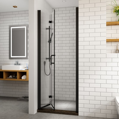 Portes de douche pliantes sans cadre en noir avec verre transparent