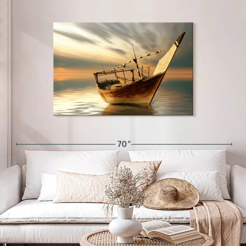 Bateau Mehar au coucher du soleil, H 30 po x l 45 po