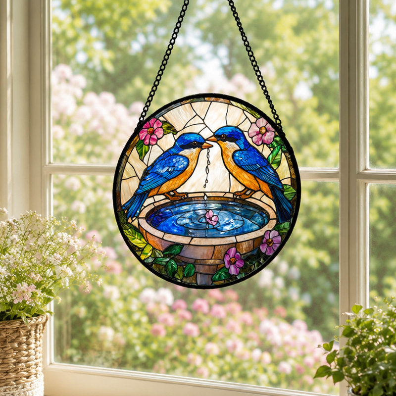 Bird Stained Glass Panel, Hanging Diamond Glass Window Suncatcher