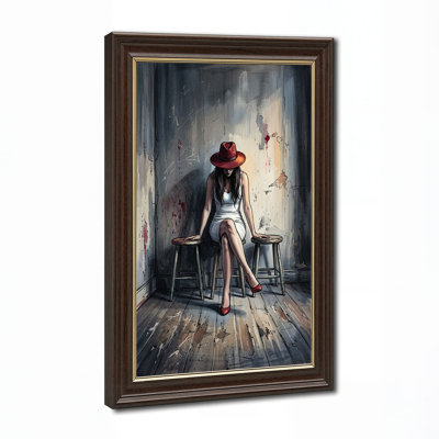 Femme en robe blanche et chapeau rouge assise sur un tabouret, tableau sur toile